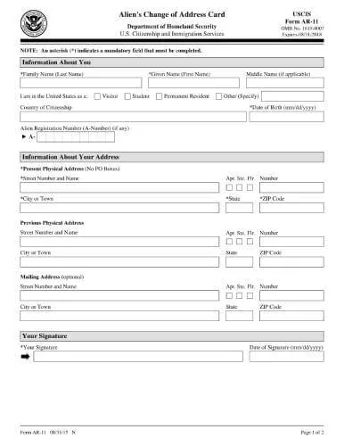 Form AR-11 | Alien’s Change of Address Card