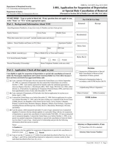 Formulario I-881 | Solicitud de Suspensión de Deportación o Cancelación de Remoción de Regla Especial (De conformidad con la Sección 203 de la Ley Pública 105-100 (NACARA))