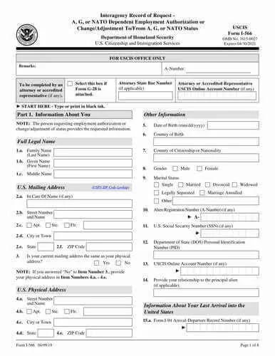 Form I-566 | Interagency Record of Request -- A, G or NATO Dependent Employment Authorization or Change/Adjustment to/from A, G or NATO Status