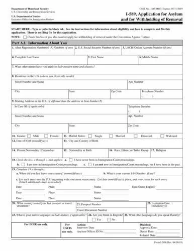Form I-589 | Application for Asylum and for Withholding of Removal