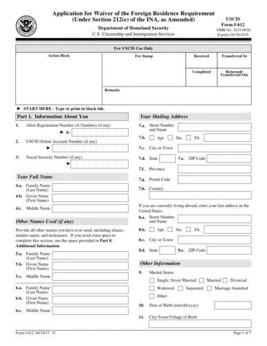 Form I-612 | Application for Waiver of the Foreign Residence Requirement (under Section 212(e) of the Immigration and Nationality Act, as Amended)