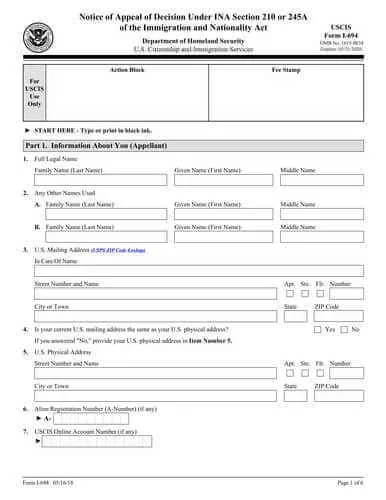 Form I-694 | Notice of Appeal of Decision Under Sections 245A or 210 of the Immigration and Nationality Act