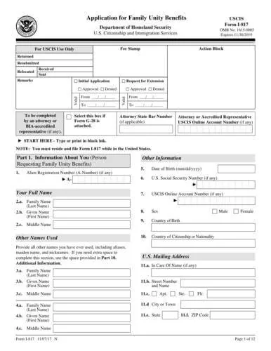 Form I-817 | Application for Family Unity Benefits