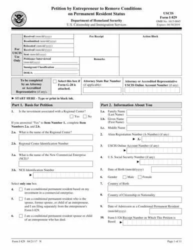 Formulario I-829 | Petición de Empresario para Eliminar Condiciones sobre el Estatus de Residente Permanente