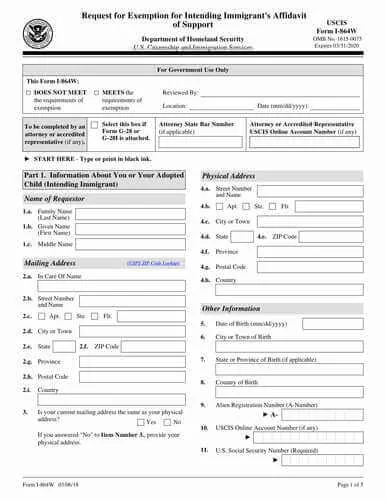 Form I-864W | Request for Exemption for Intending Immigrant's Affidavit of Support