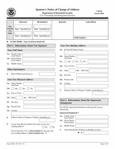 Form I-865 | Sponsor's Notice of Change of Address