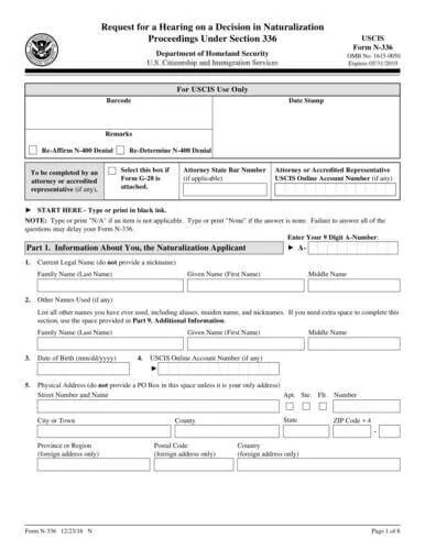 Form N-336 | Request for a Hearing on a Decision in Naturalization Proceedings (Under Section 336 of the INA)