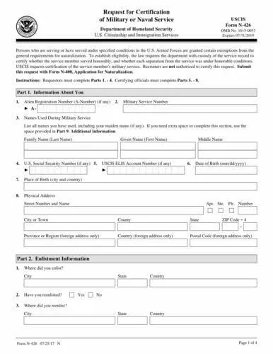 Form N-426 | Request for Certification of Military or Naval Service