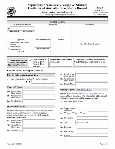 Form I-212 | Application for Permission to Reapply for Admission into the United States After Deportation or Removal