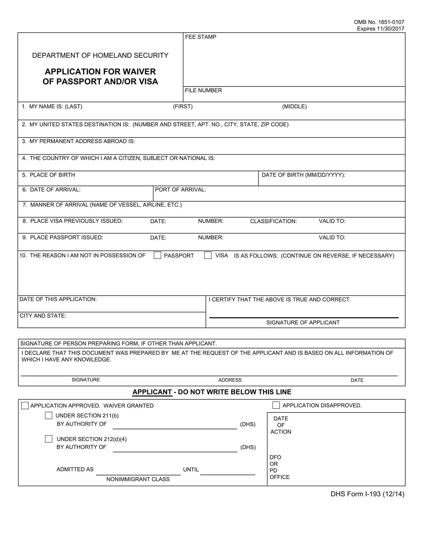Form I-193 | Application for Waiver of Passport and/or Visa