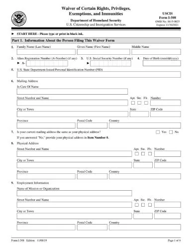 Form I-508 | Request for Waiver of Certain Rights, Privileges, Exemptions and Immunities